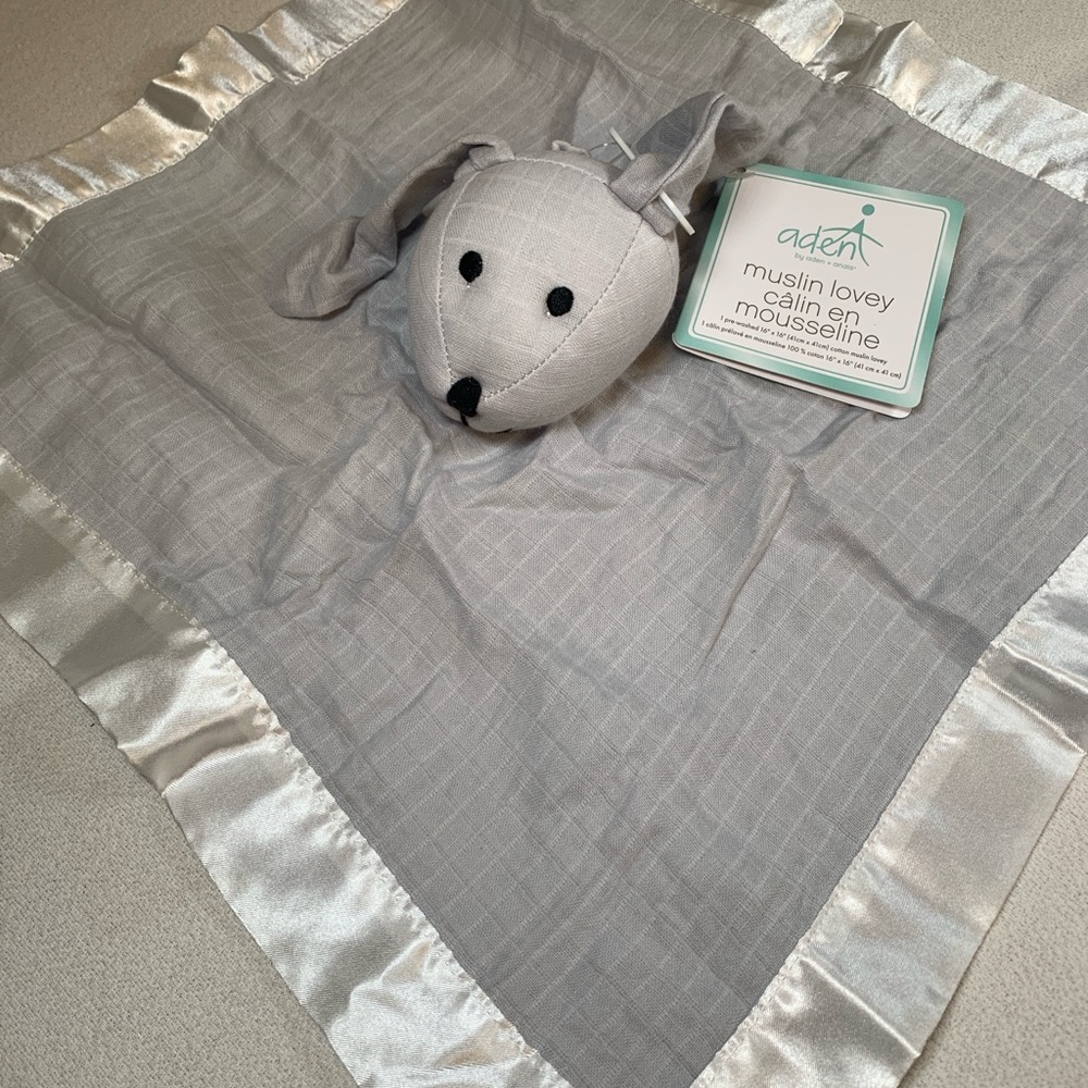 aden + anais Gray Muslin Lovey Puppy Dog security blanket Satin Trim NEW!